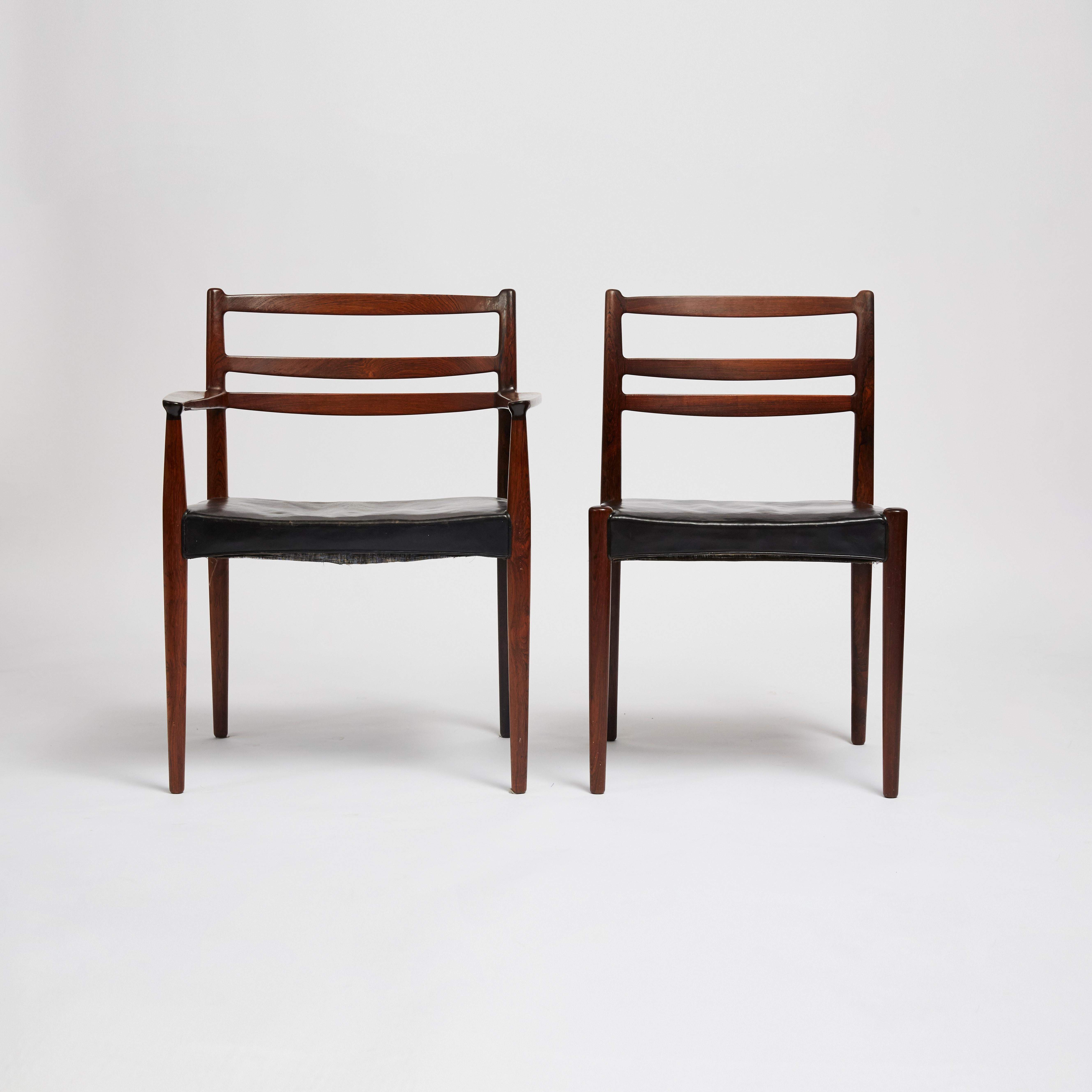 20th Century Set of 8 1960s Original Black Leather Danish Chairs with Solid Rosewood Frame