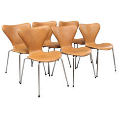 Chairs by Arne Jacobsen Model 3107 with Leather, 1980