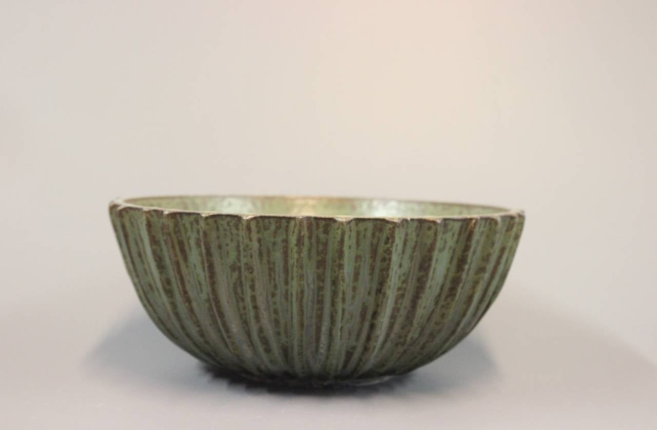 Designed and made by Arne Bang Stoneware Ribbed Bowl with Monogram 189. c. 1930s.