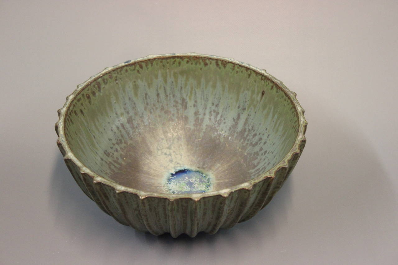 Mid-Century Modern Arne Bang Stoneware Ribbed Bowl with Monogram 