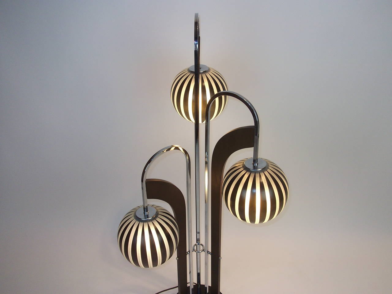 Outstanding Mid-century modern 3 headed lamp - 3 glass globes (black with white strips and a green stripe in the center of each white area - incredibly beautiful. chrome arms and wood accents.  This is a tri-light, you can have one, two or three of