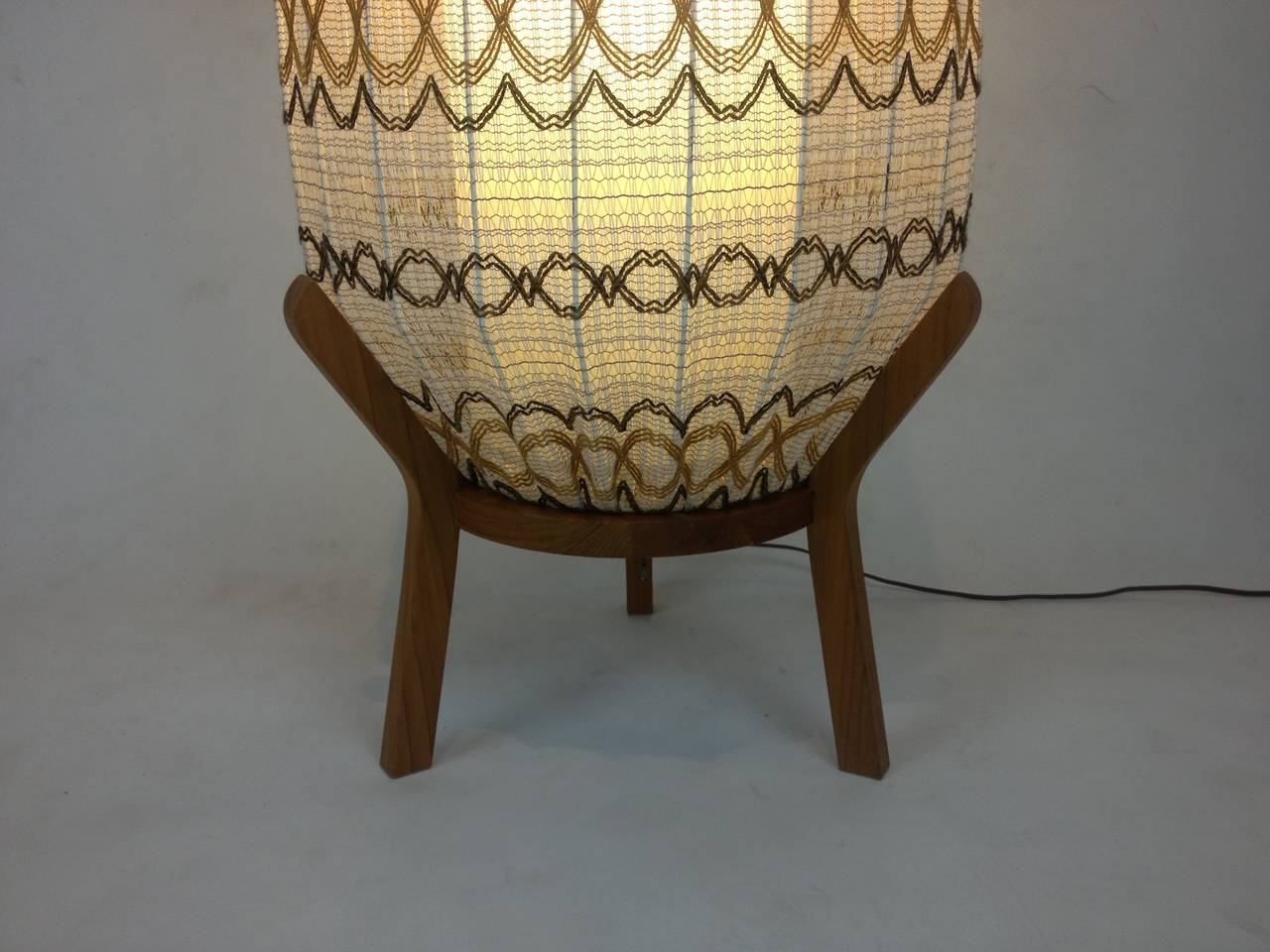 Unique 1960's Pod floor lamp - teak base with fabric cover over a cylinder center this beauty gives off an incredible glow,  the lovely ambiant lighting would look amazing in a bedroom and/or living room - excellent condition