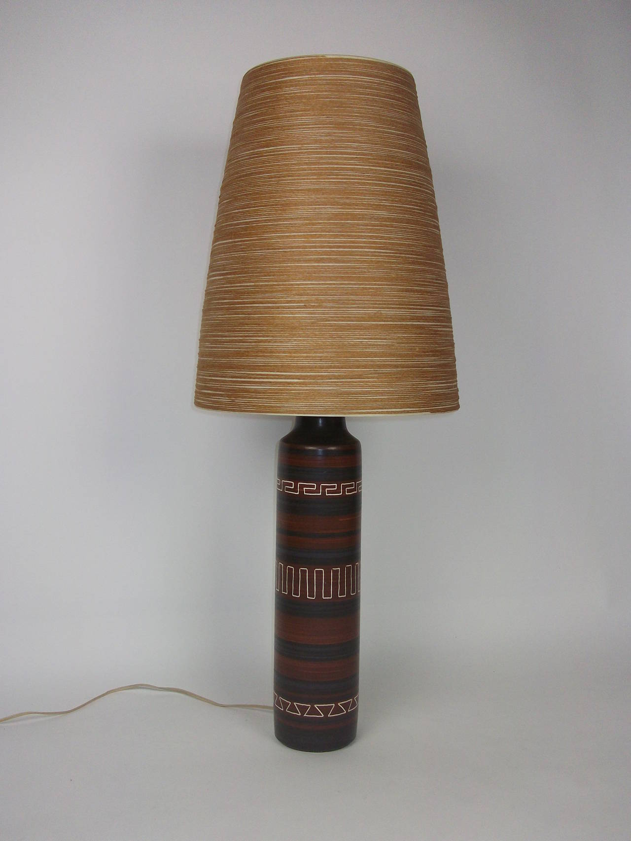 Incredible Hand-Painted Ceramic lamp with it's original fiberglass lamp shade designed by Husband and Wife Duo - Lotte & Gunnar Bostlund - signed at the base - made in Canada  - the long cord feeds in the base, it allows for you to pull out just