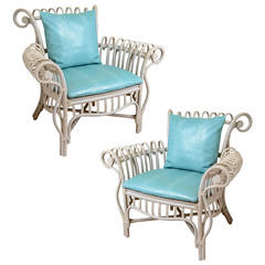 Pair of Whimsical Bent Rattan Armchairs Painted White