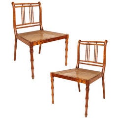 Pair of Unusual 19th Century Colonial Faux Bamboo Side Chairs with Caned Seats