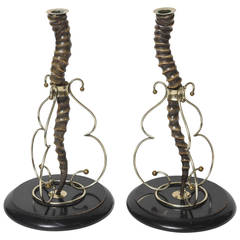 Antique Pair of 19th Century Animal Horn "Trophy" Candlesticks
