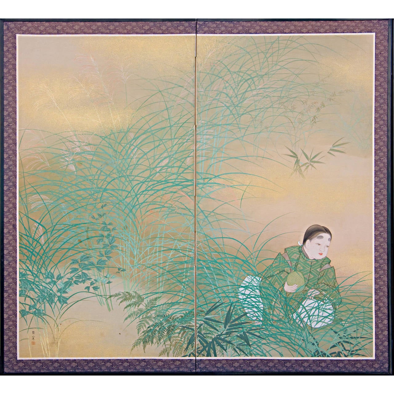 Pair of Taisho Period (1912-1926) 2-panel screens showing a nobleman on a day outing with two children catching crickets.  Painted with mineral and vegetable pigments in the traditional method and dusted with gold throughout, creating dimension and