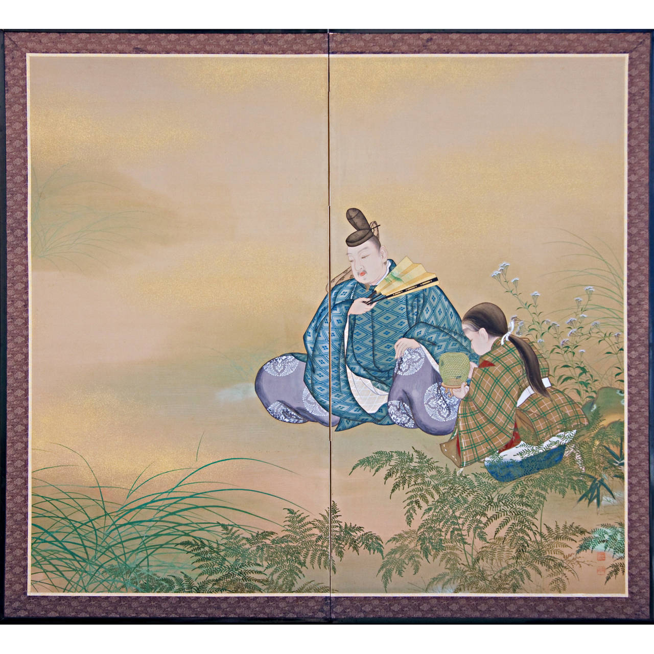 Japanese Taisho Period Silk Painting Screen of Nobleman and Children Catching Crickets For Sale