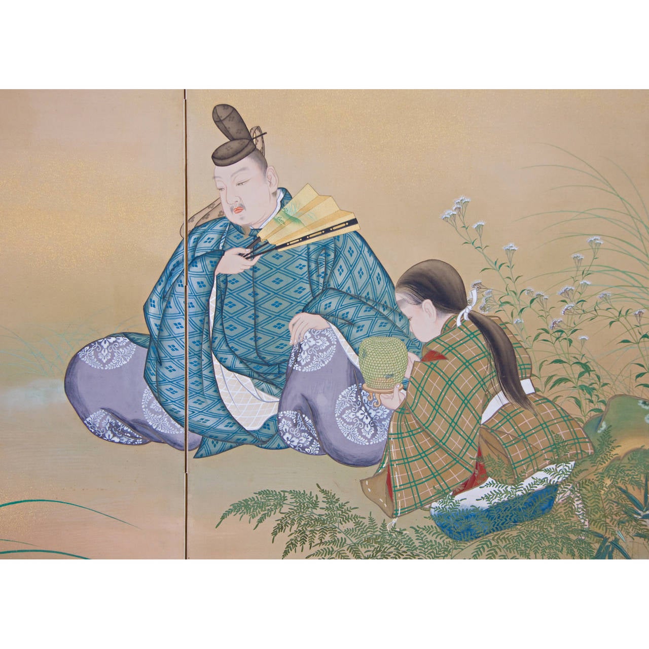 Taisho Period Silk Painting Screen of Nobleman and Children Catching Crickets In Excellent Condition For Sale In Honolulu, HI