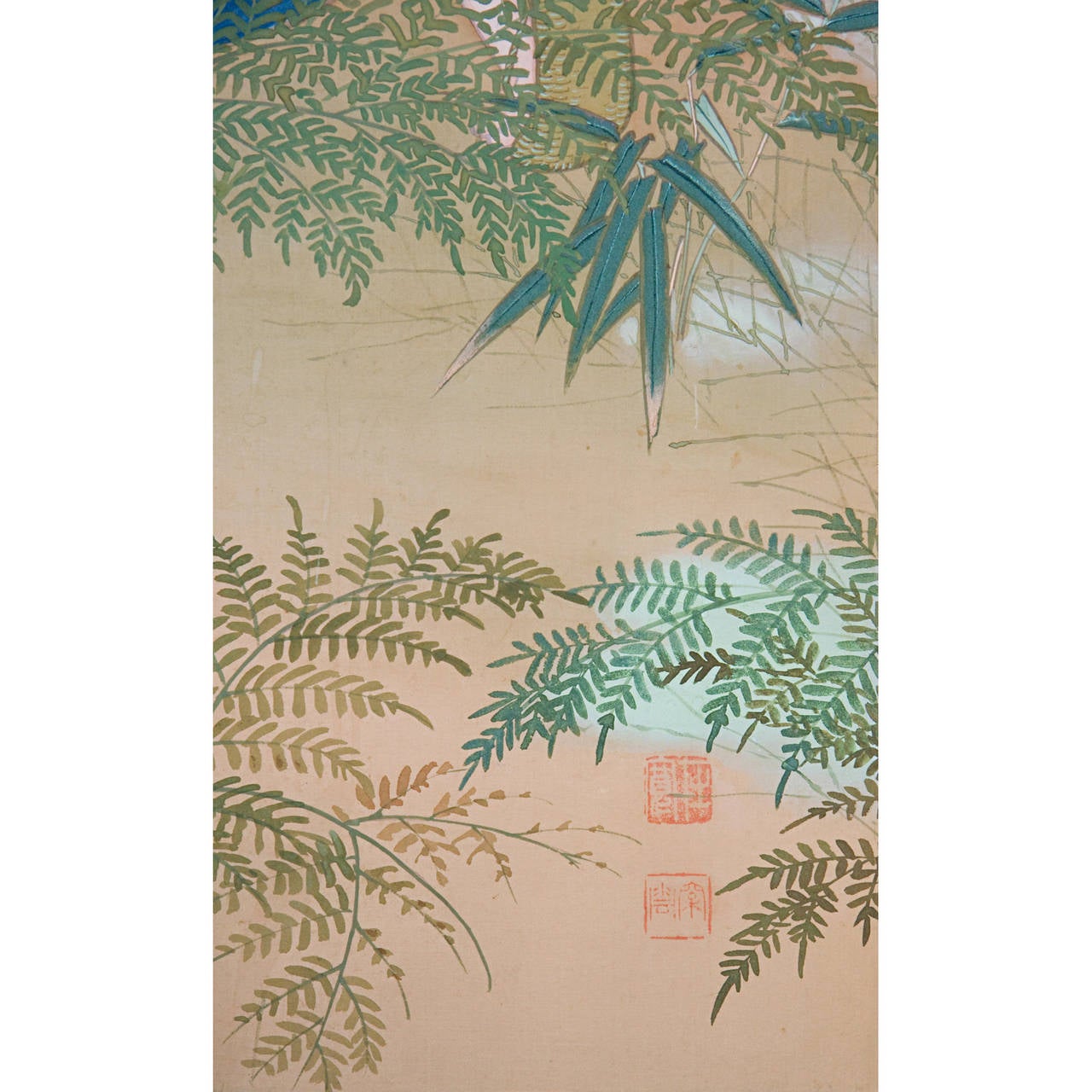 Taisho Period Silk Painting Screen of Nobleman and Children Catching Crickets For Sale 1