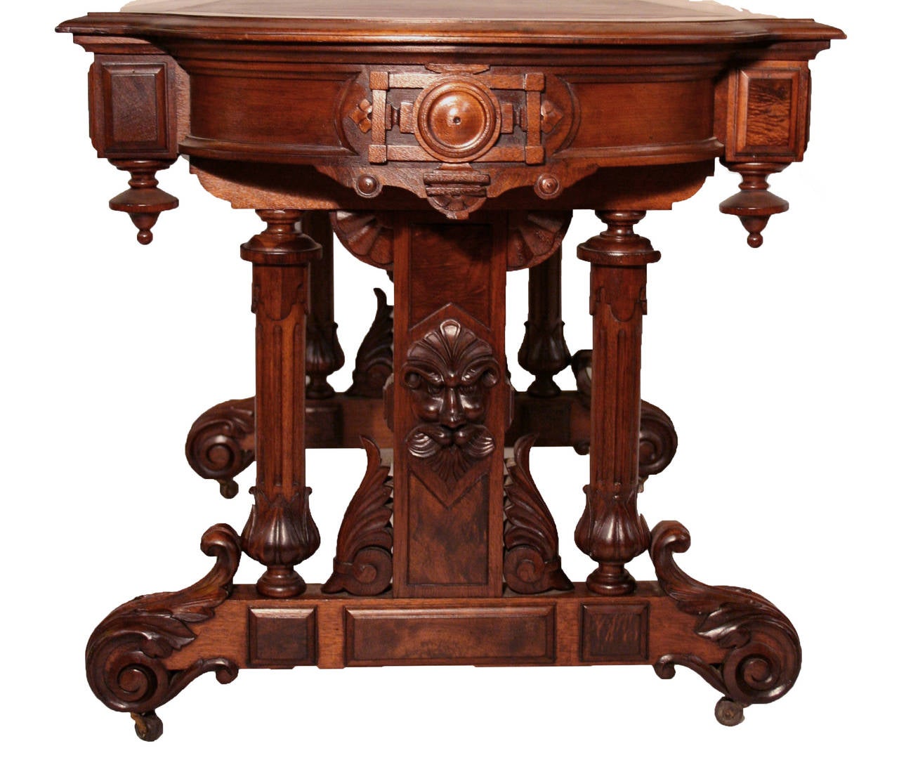 From the Estate of James C. Flood, Lindenwood Mansion 1860s, an American Renaissance Revival table and desk in original solid walnut wood, professionally refinished and inlaid fine new leather top with leather foot rest. Size 40