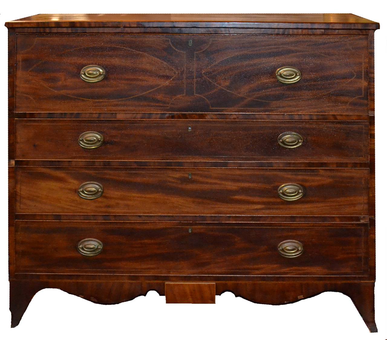 Rare American Federal 1780-1810 Hepplewhite fall front Secretary/Butlers Dresser. North Eastern Massachusetts or New Hampshire style with front "drop tablet" skirt trim. Inlaid rare woods and burl veneer trim. Provenance: signed drawer