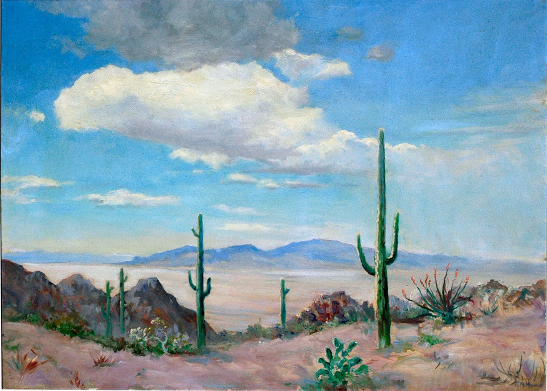 Special Price Reduction! 
Spectacular painting of camelback mountain in Phoenix, Arizona, by listed California artist Frank Montegue Moore (American, 1877-1967). Signed lower right 