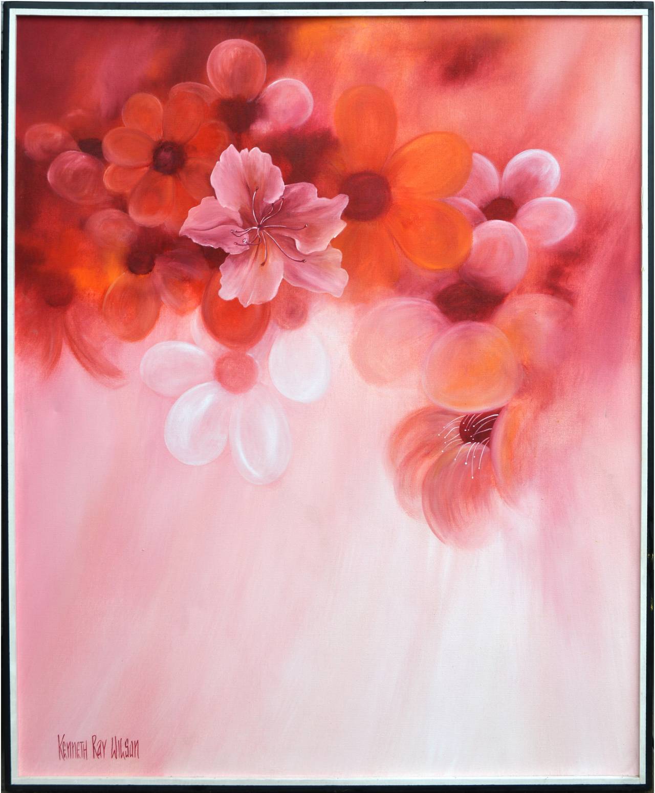 Gorgeous painting of a pink Hibiscus with Jeff Koons-esque balloon flowers by Kenneth Ray Wilson (American, 20th/21st century) perfect for feminine mid century modern interior or office. Signed "Kenneth Ray Wilson" lower left. 
Image,
