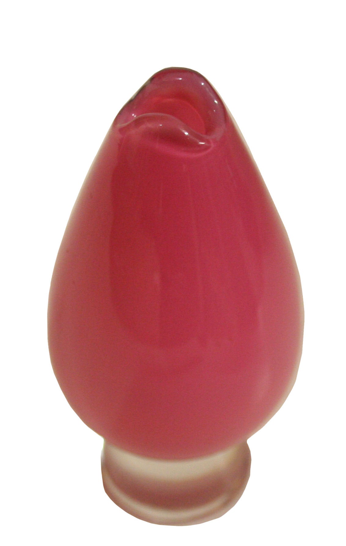 Gorgeous teardrop shaped vase depicting a warm pink color with thick clear glass base.