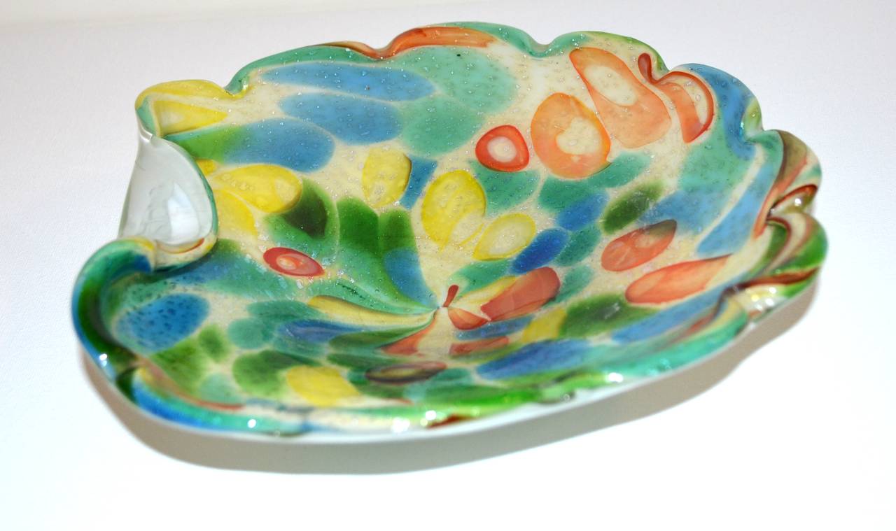 Mid-Century Modern Vintage Multi-Color Murano Dino Martens Millefiori Silver Flake Folded Bowl