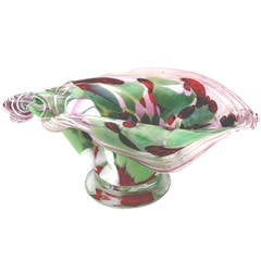 Murano Pink and Green Aventurine Fazzoletto Footed Bowl