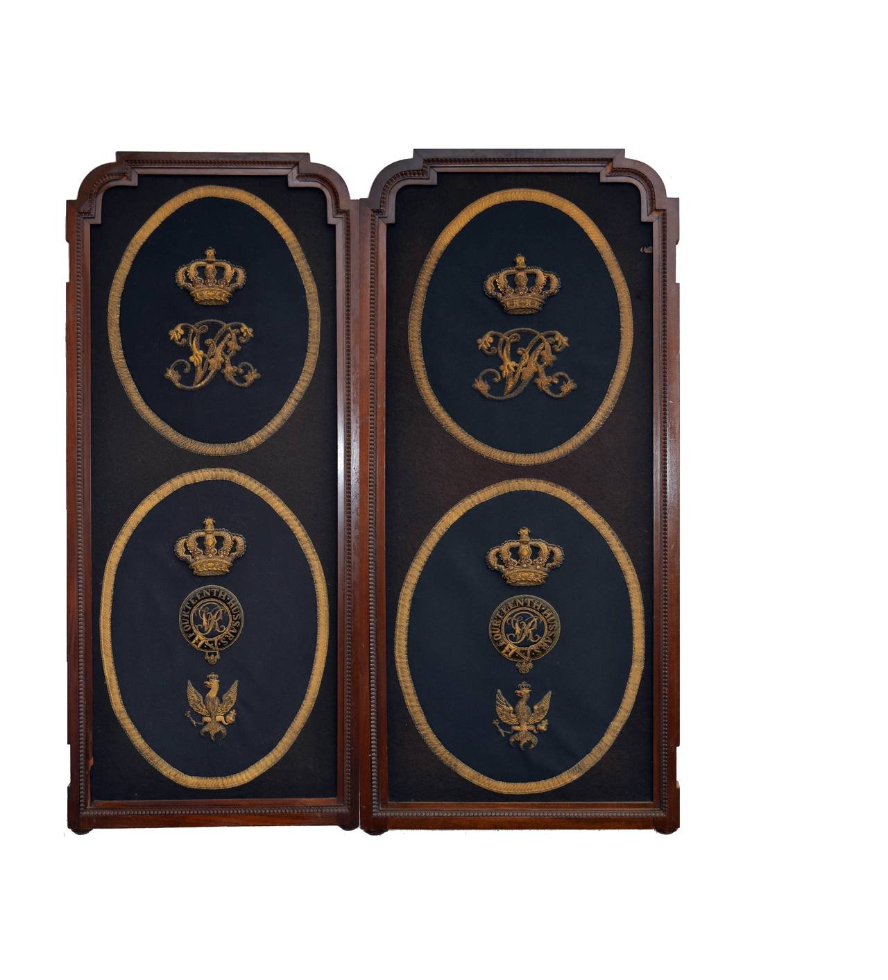 Gorgeous 19th century walnut swinging gentlemen's club doors with beautifully preserved Queen Victoria's, 14th (Kings) Hussars' Officers saddle blanket crests circa 1860's. Of the period mounted on felt mat with fancy gold brocade ovals. The queens