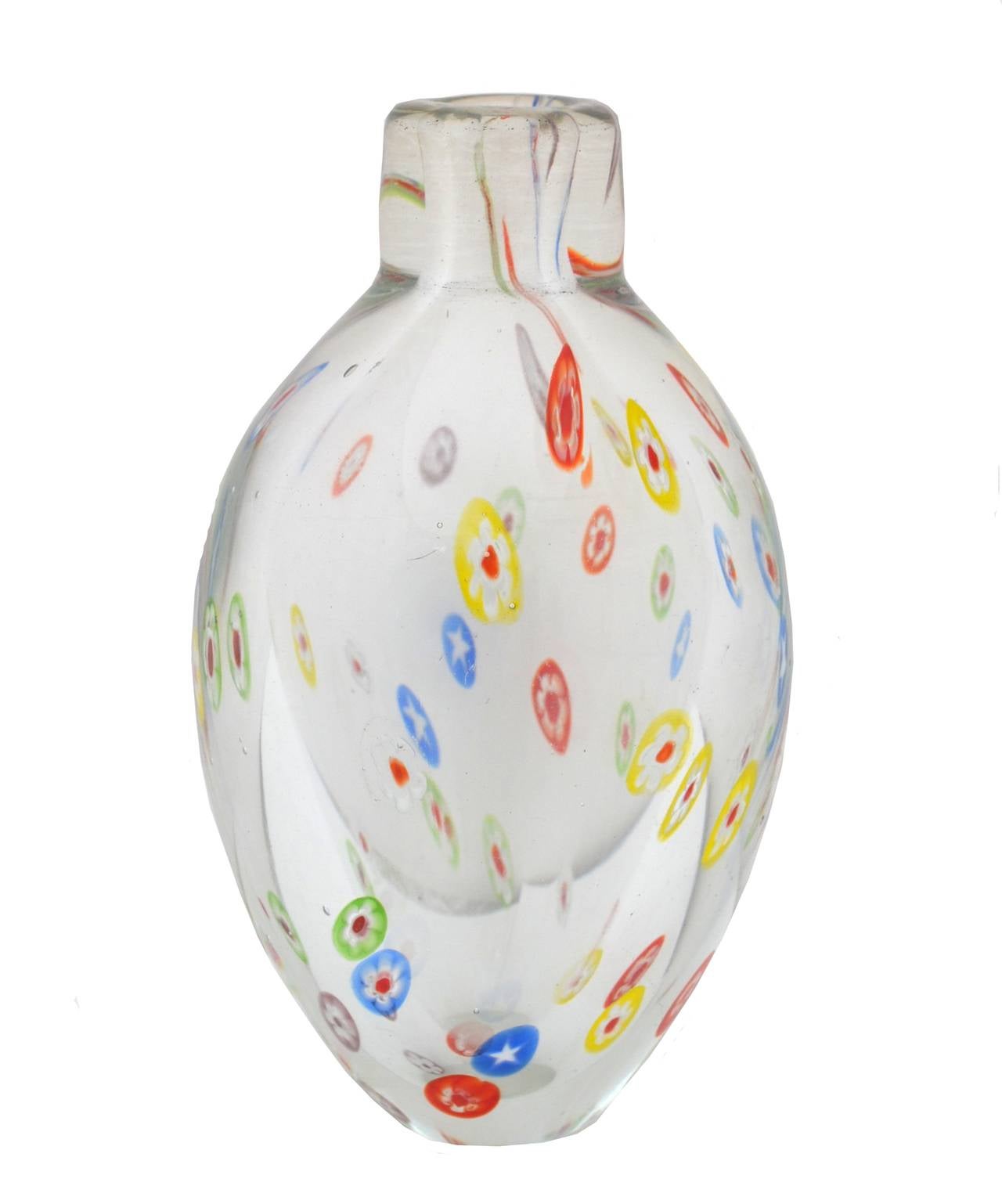 Beautiful heavy clear blown Millefiori Murano glass vase is perfect for a crisp and subtle accent. Measures: 6.50