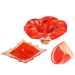 Set of Three Murano Venetian Red Bowls by Fratelli Toso