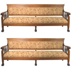 Antique Pair of American Tiger Oak Grand Hall Benches, circa 1900