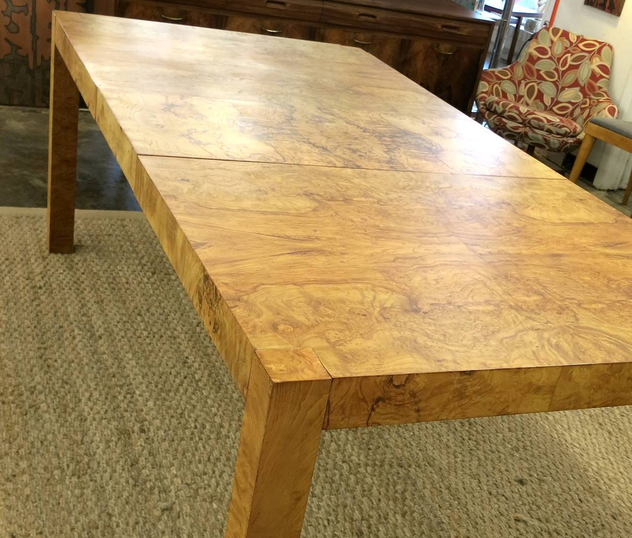 Late 20th Century Burled Wood or Burl Wood Parsons Style Mid-Century Modern Dining Table