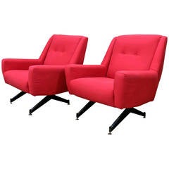 Pair of Mid-Century Modern Italian Lounge or Armchairs on Wrought Iron Bases