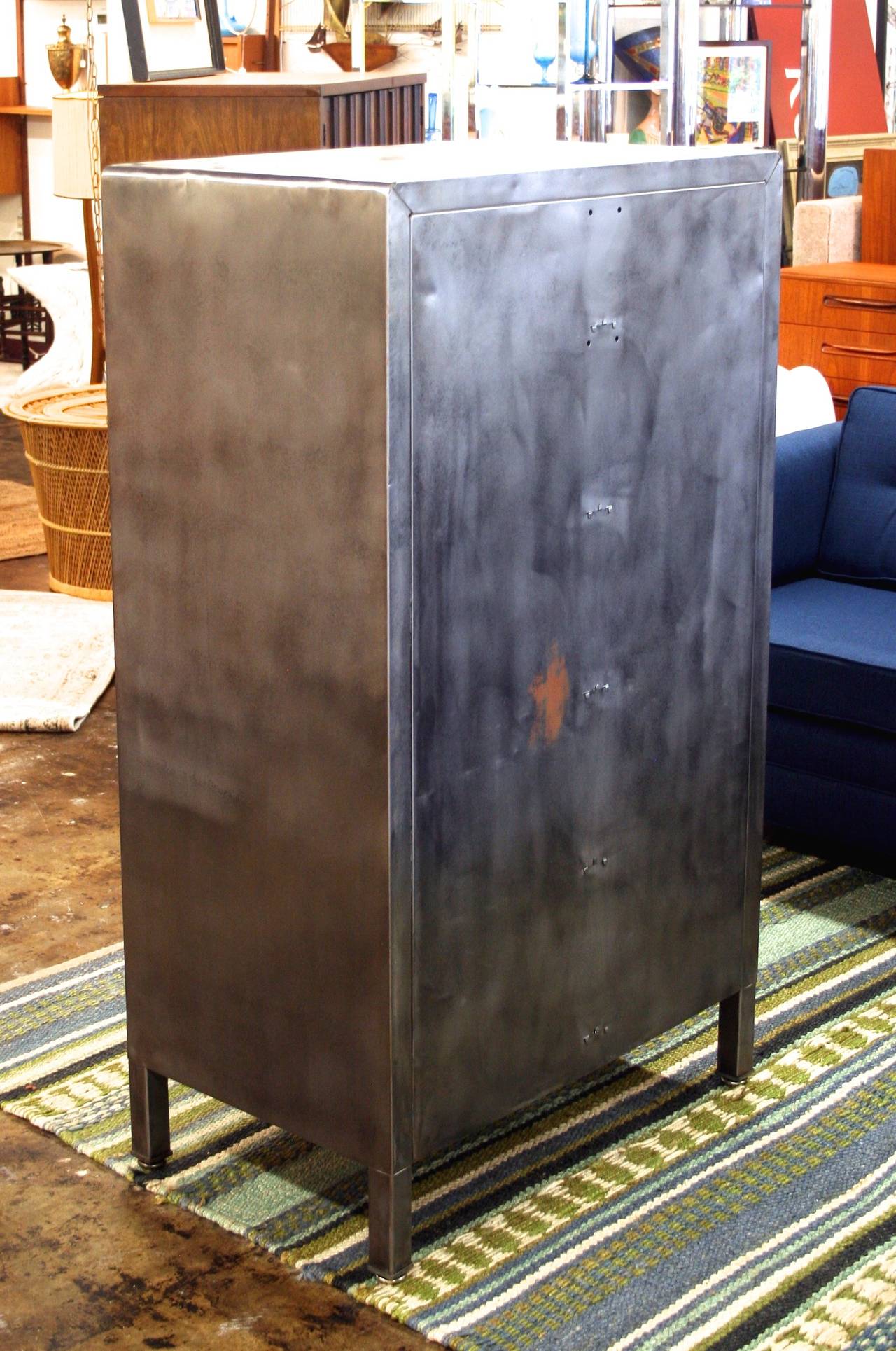 Mid-Century Modern Industrial Burnished Metal Chest with Brass Pulls, circa 1950