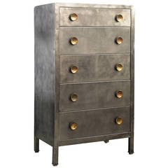Used Mid-Century Modern Industrial Burnished Metal Chest with Brass Pulls, circa 1950