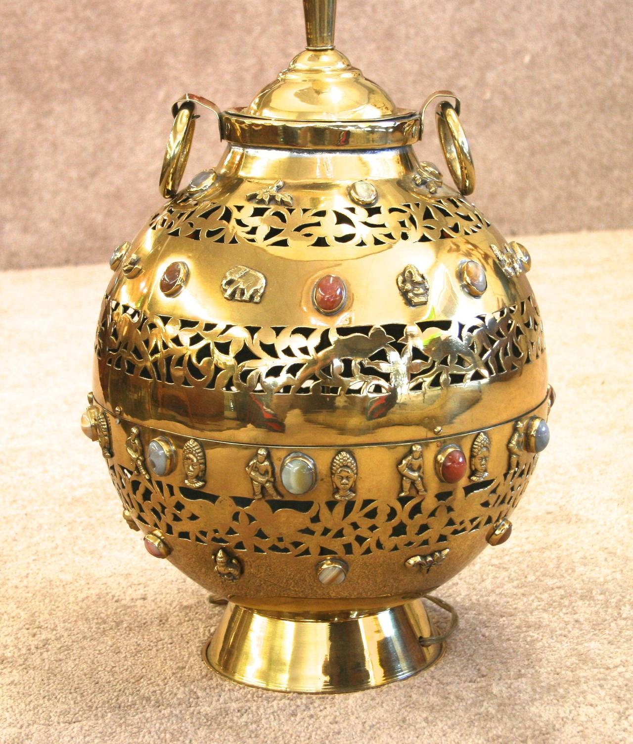 American Asian Style Brass Lamp with Semi Precious Stones, circa 1970