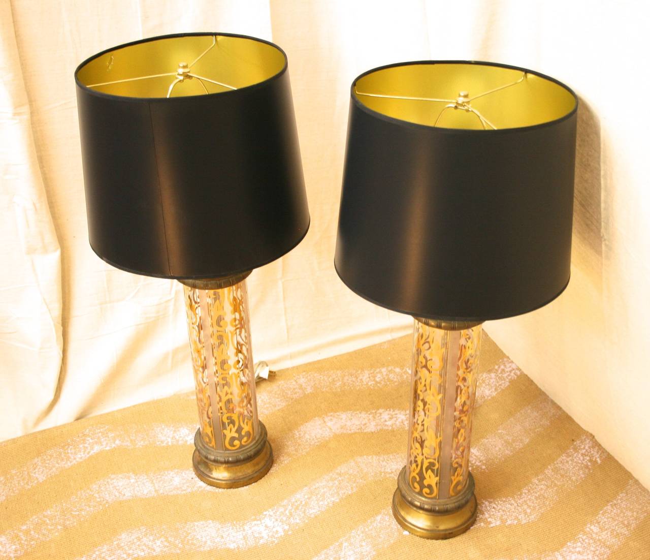 Hollywood Regency Glass Lamps with Brass and Gold Leaf