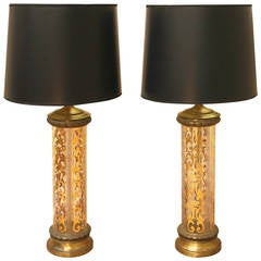 Hollywood Regency Glass Lamps with Brass and Gold Leaf