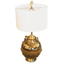 Vintage Asian Style Brass Lamp with Semi Precious Stones, circa 1970