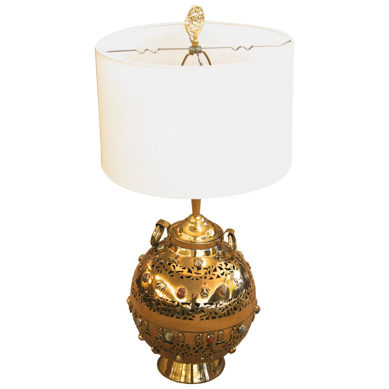 Asian Style Brass Lamp with Semi Precious Stones, circa 1970