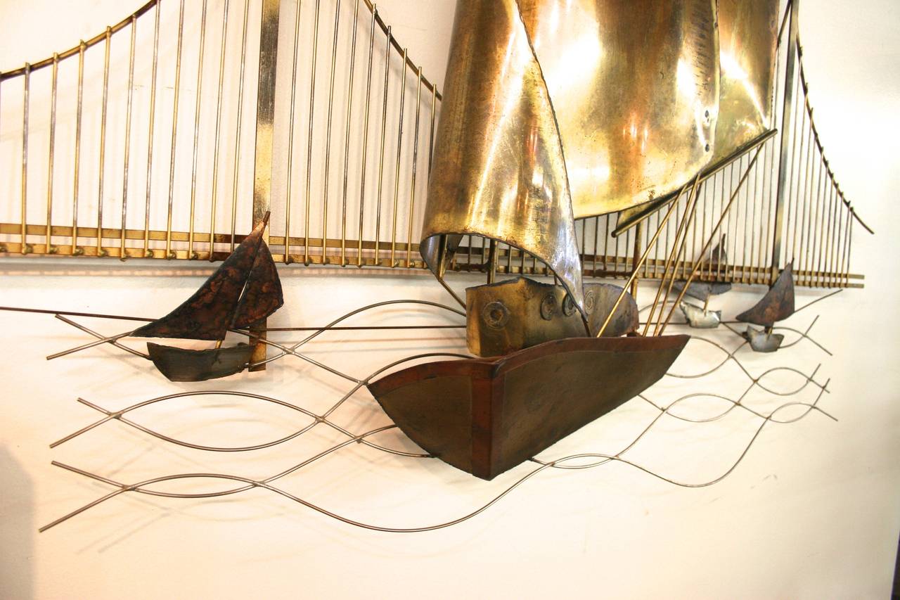 Brass and Copper Sailboat Sculpture in the Style of Curtis Jere