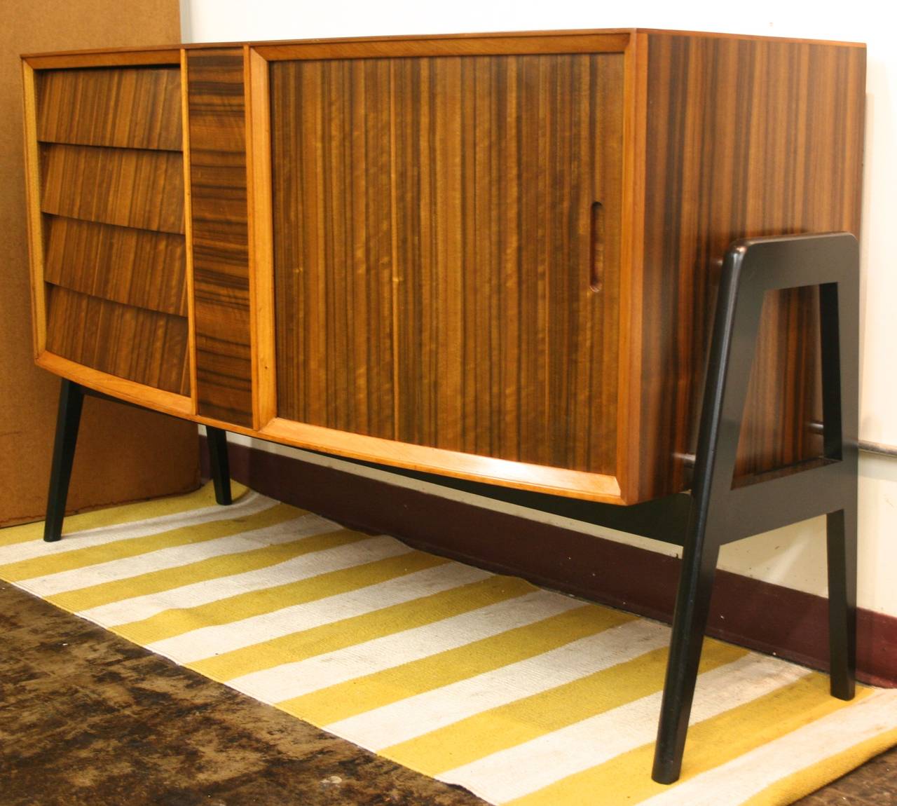 European Mid-Century Modern Credenza with Curved Front and Tambour Door