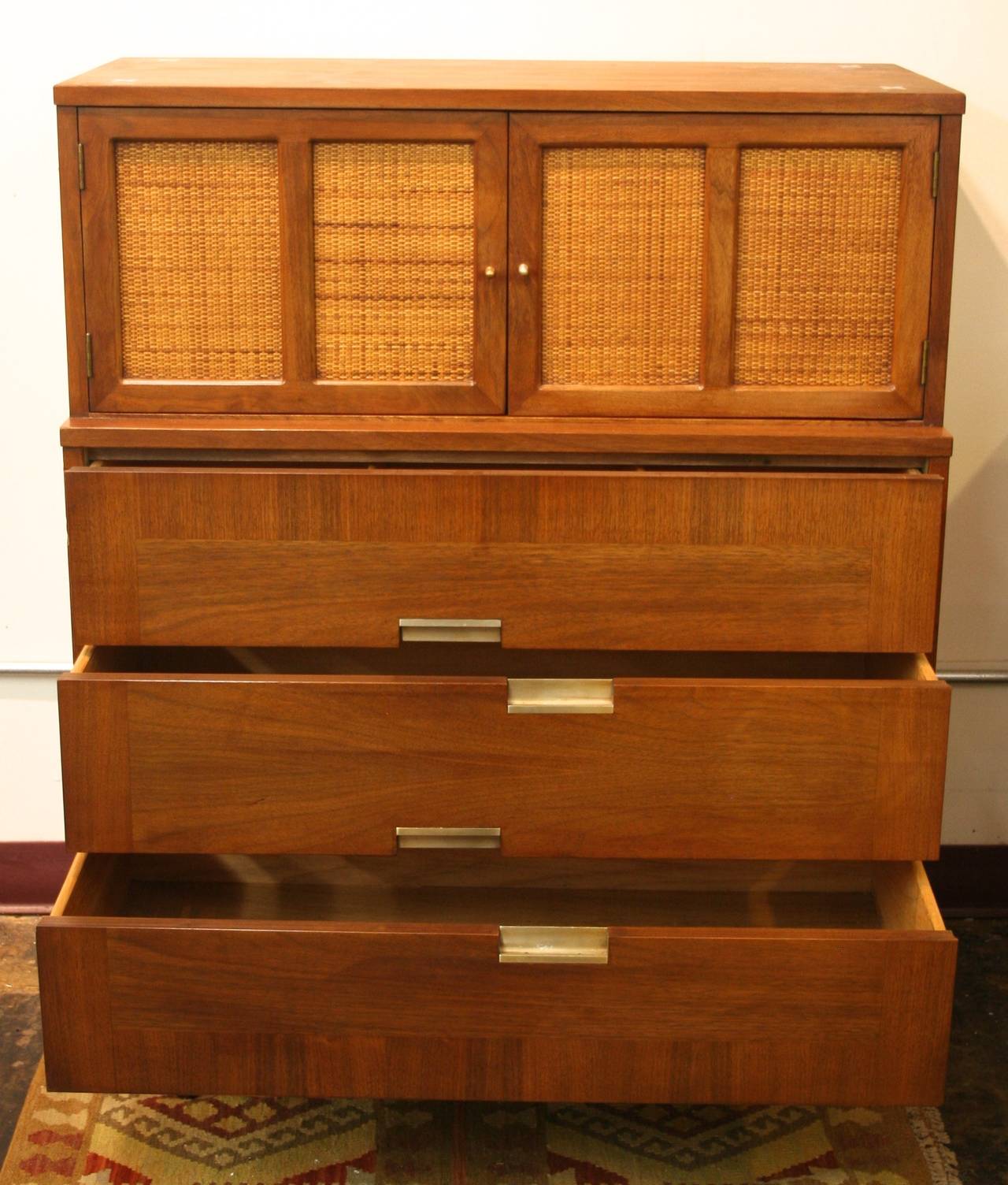 Mid-Century Modern Cane and Walnut American of Martinsville Chest For Sale 2