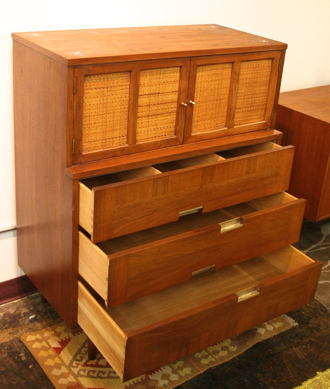 Mid-Century Modern Cane and Walnut American of Martinsville Chest For Sale 1