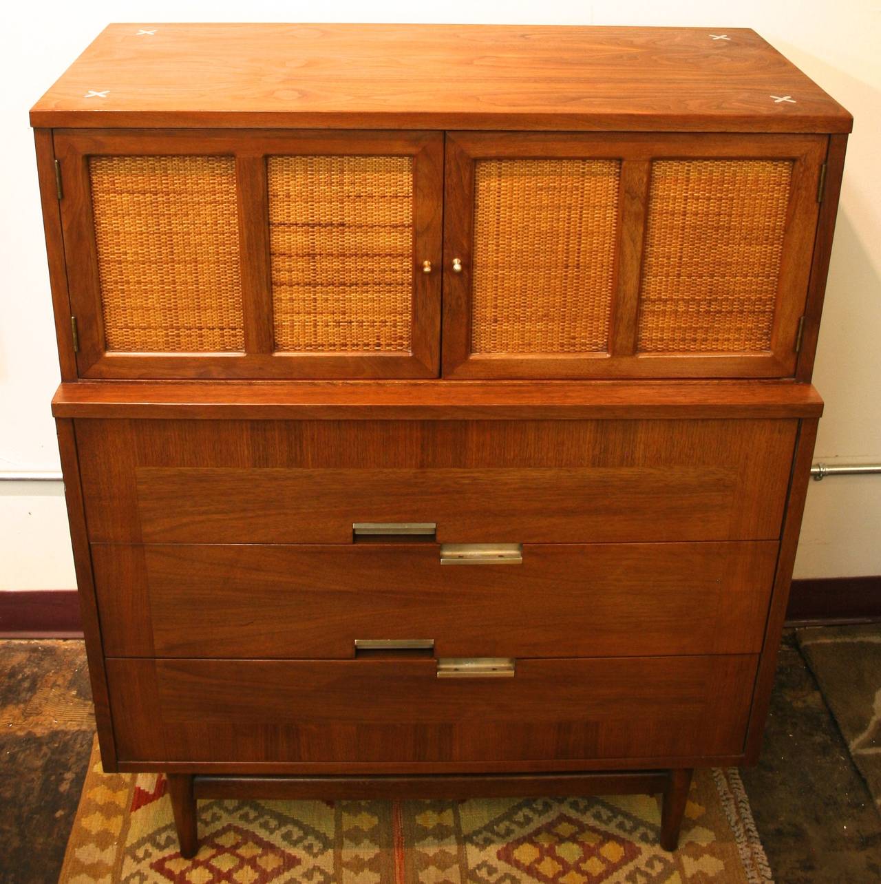 Mid-Century Modern Cane and Walnut American of Martinsville Chest For Sale 4