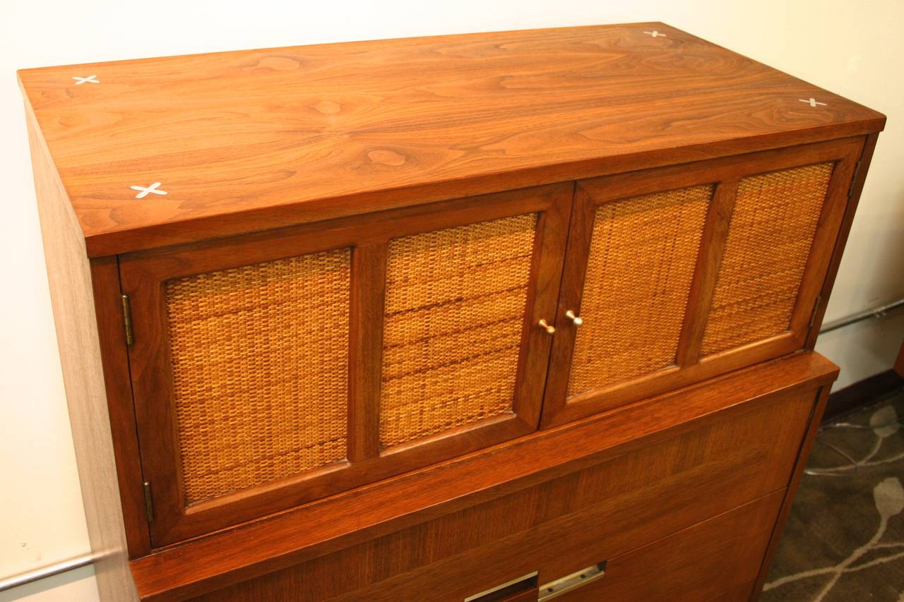 Mid-Century Modern Cane and Walnut American of Martinsville Chest For Sale 3