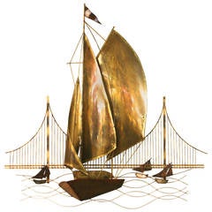 Brass and Copper Sailboat Sculpture in the Style of Curtis Jere