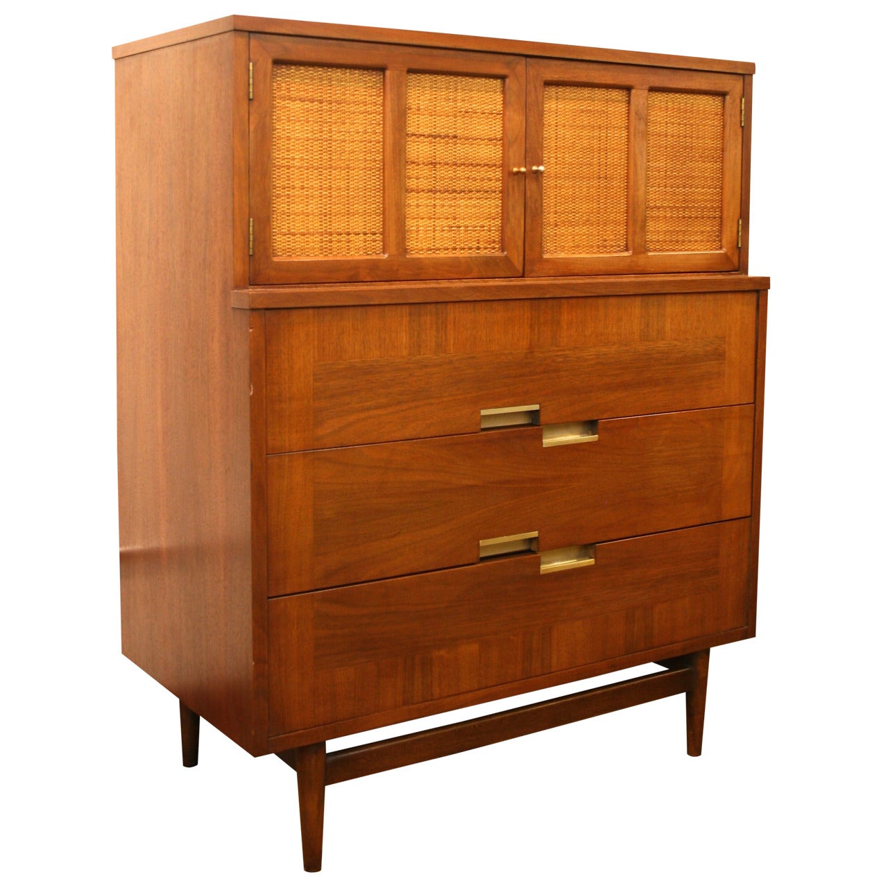 Mid-Century Modern Cane and Walnut American of Martinsville Chest For Sale
