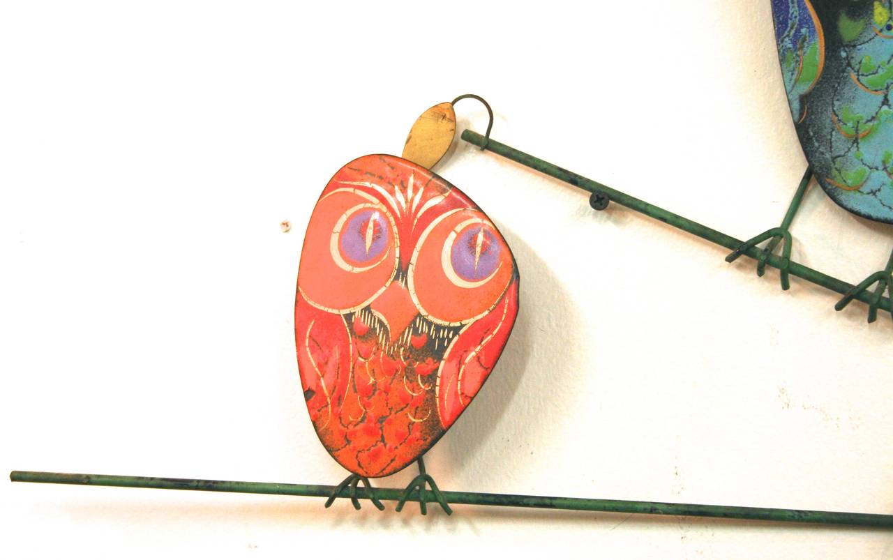 Mid-Century Modern Metal and Enamel Owl Family Wall Sculpture by Curtis Jere