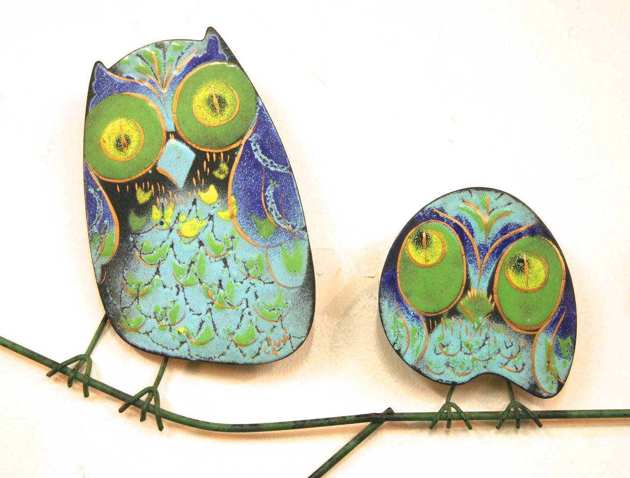 American Metal and Enamel Owl Family Wall Sculpture by Curtis Jere