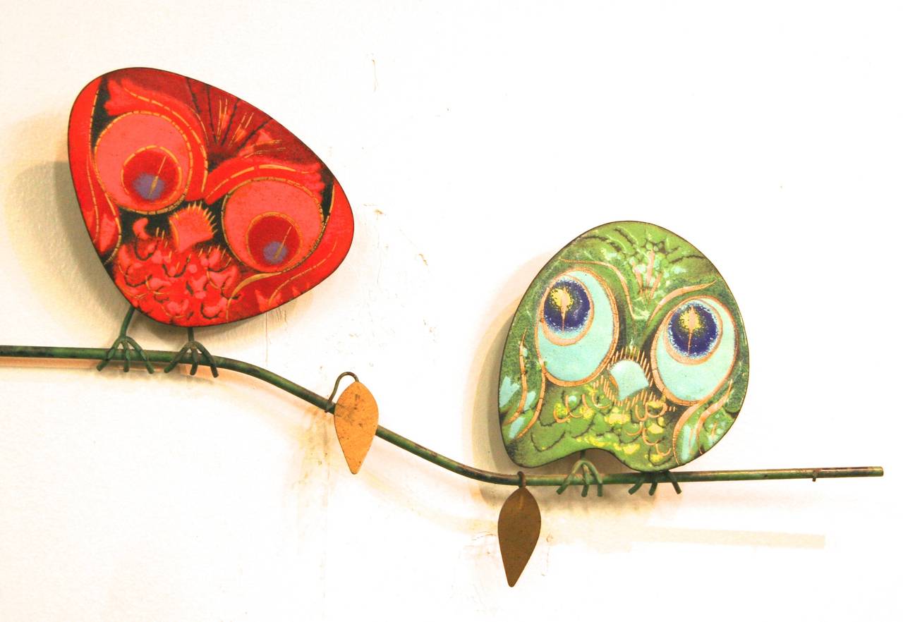 Large wall sculpture by Curtis Jere with five colorful, expressive enamel owls on a branch. Excellent condition with bright enamel.

Enameling is beautiful yet painstaking work -- Artisan House stopped selling enameled pieces in the early 1970s --