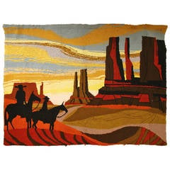 Vintage 1970s Western Landscape Hook Rug Tapestry