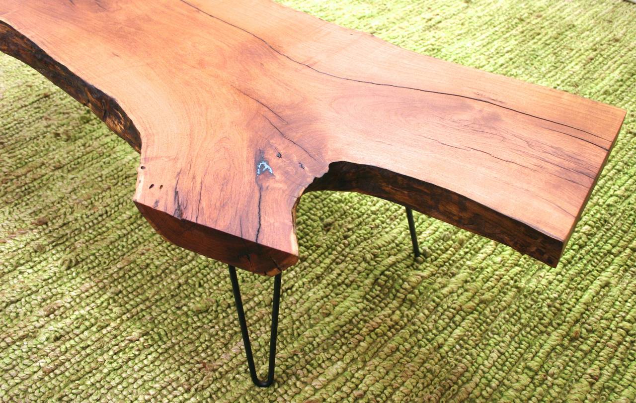 Solid Mesquite Artisan Made Coffee Table with Live Edge and Turquoise Inlay In Excellent Condition In Austin, TX