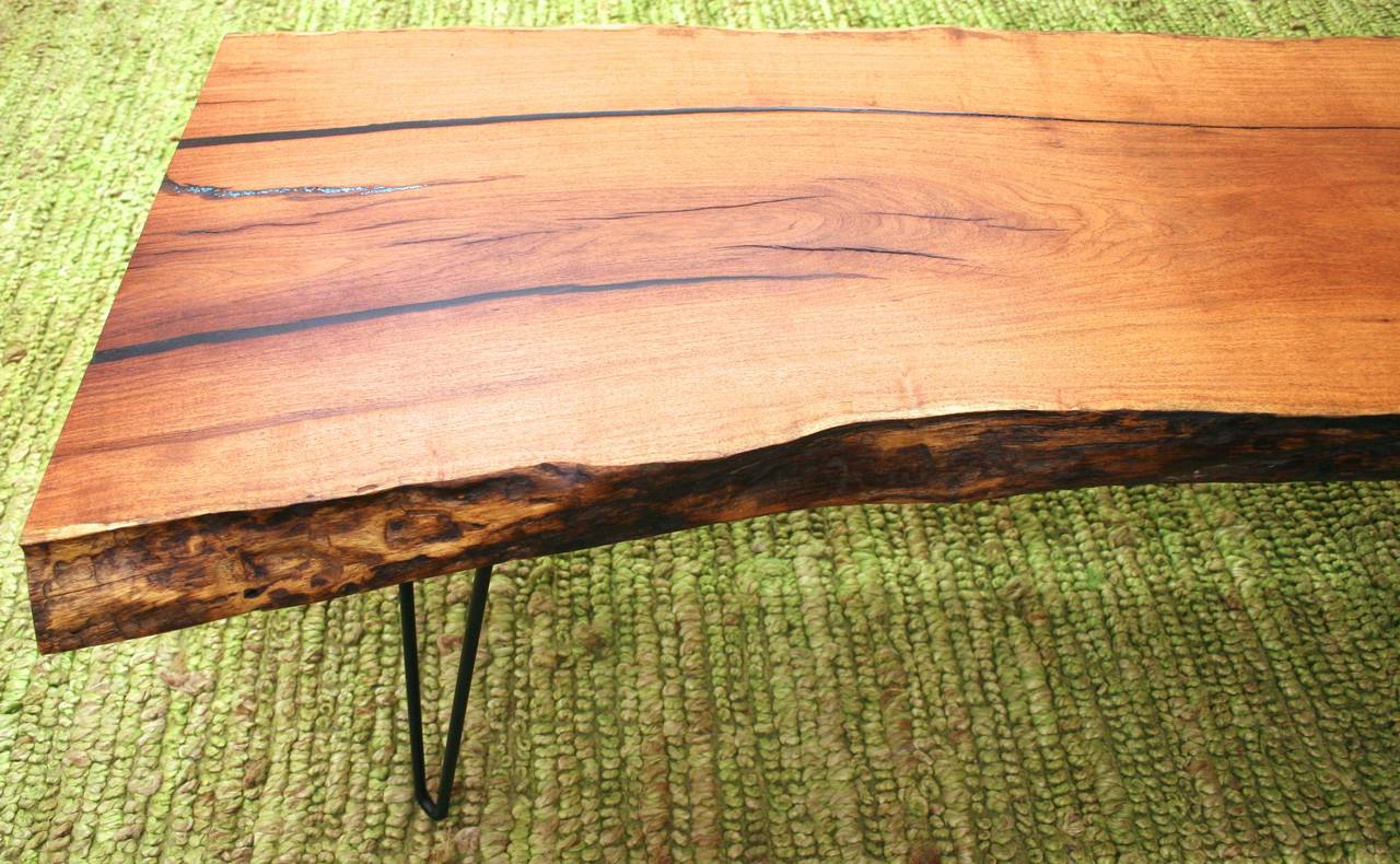 Contemporary Solid Mesquite Artisan Made Coffee Table with Live Edge and Turquoise Inlay