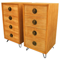Pair Tall Chests or Nightstands with Brass Pulls and Hairpin Legs, c. 1950