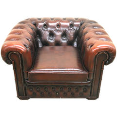 Leather Chesterfield Club Chair with Brass Nailheads and Tufting, circa 1960